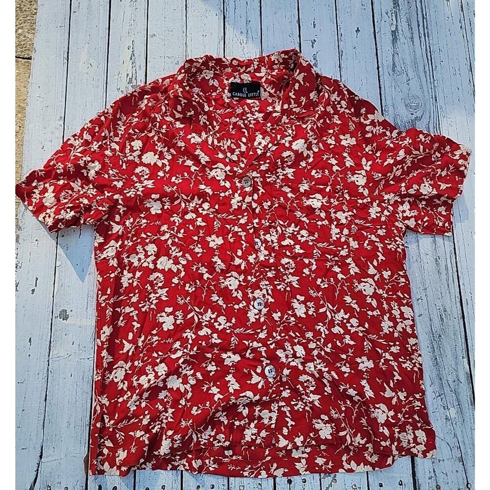 Carole Little Womens Red White Floral Short Sleeve Button Front Shirt Blouse